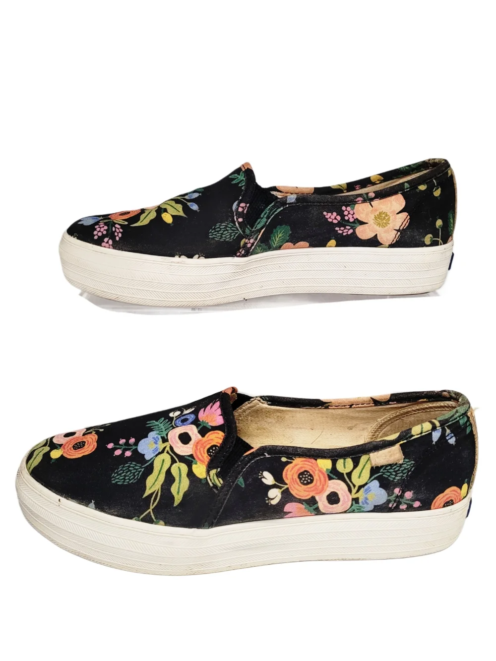 Keds X Rifle Paper Co Black Floral Slip-On Sneakers w/ Vintage Floral Pattern